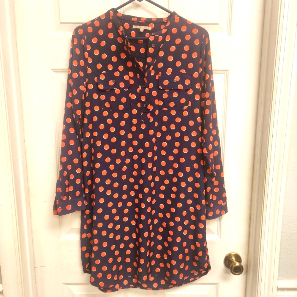 GAP Navy Blue and Orange Printed Henley Polka Dot Dress